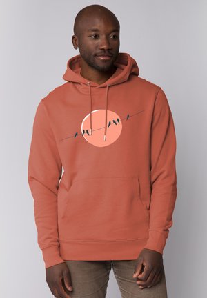 Rust-colored hoodie with a kangaroo pocket, featuring a graphic of silhouetted birds on a wire against a circular sun backdrop.