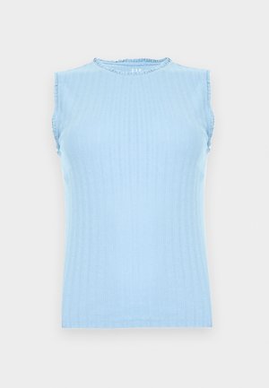 Gaiši zils bezroku adīts tops ar smalku vertikālu rakstu un nelielu volāna maliņu apkaklē un roku atverēs.