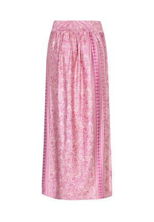 Pinkfarbener Maxirock mit Paisley-Muster, gerafftem Bund und detaillierten seitlichen Akzenten mit Streifen und geometrischen Designs. Weiche Stoffstruktur.