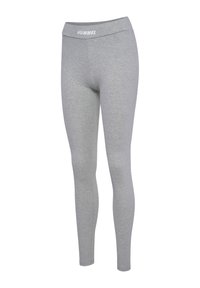 Grijze leggings van een zachte, rekbare stof. Voorzien van een brede tailleband met het "HUMMEL"-logo in het wit. Slank aansluitend ontwerp.