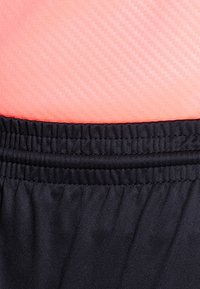 Dviejų spalvų sportiniai šortai su lygiu koralų spalvos viršutiniu skyriumi ir tekstūruota juodą elastinę juostą. Medžiaga atrodo lengva ir kvėpuojanti.