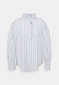 Camicia a righe in tessuto blu chiaro e bianco, con colletto arricciato e maniche a palloncino, dal taglio dritto e con polsini.