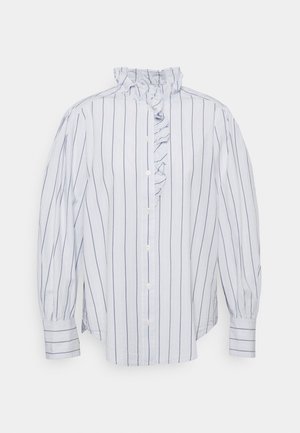 Camicia a righe in tessuto blu chiaro e bianco, con colletto arricciato e maniche a palloncino, dal taglio dritto e con polsini.