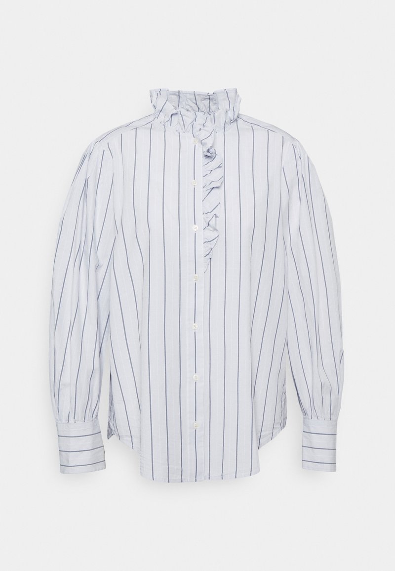 Camicia a righe in tessuto blu chiaro e bianco, con colletto arricciato e maniche a palloncino, dal taglio dritto e con polsini.