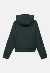 Tumši zaļš īsais kapuce džemperis ar garām piedurknēm un lielu kapuci, attēlots no aizmugures uz vienkārša baltā fona.