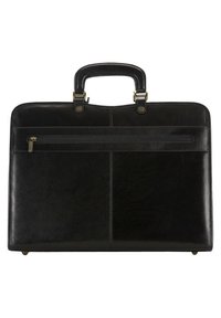 Maletín de cuero negro con forma plana, asa superior, bolsillo con cremallera en la parte delantera y detalles en metal dorado.