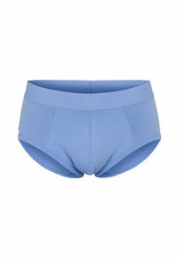 Blå herrbrief i mjukt tyg, med en ribbad midjeband som har "MEN" präglat, samt sömdetaljer för struktur och passform.