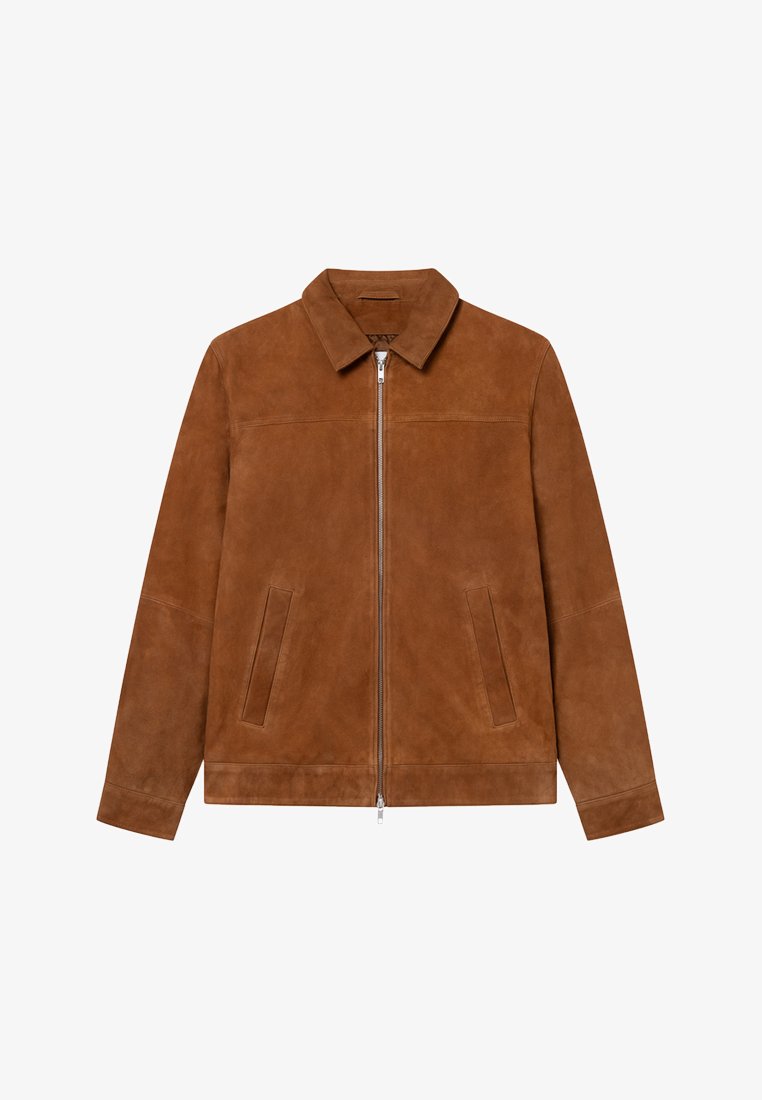 Pruun mingist jakist, millel on kraega kaelus, esiotse lukustus ja kaks küljetaskut. Sile tekstuur; minimalistlik disain ilma mustriteta.