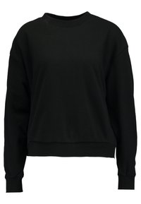 Sweat-shirt noir en tissu doux, doté d'un col rond, de manches longues et d'une coupe décontractée avec des poignets et un ourlet côtelés.