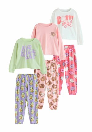 Five sets of children's pajamas featuring short and long-sleeve tops in pastel colors with fun prints of donuts, avocados, and pretzels.