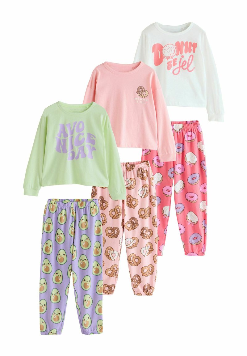 Five sets of children's pajamas featuring short and long-sleeve tops in pastel colors with fun prints of donuts, avocados, and pretzels.