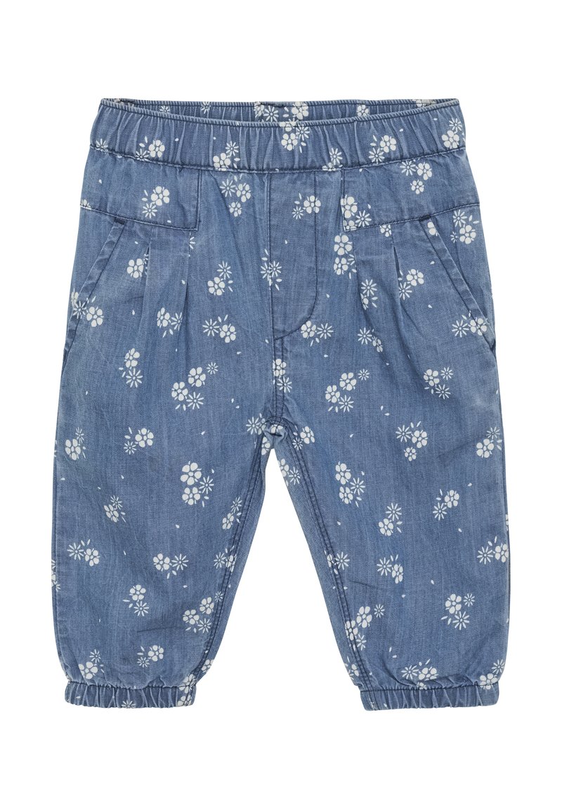 Pantalons en denim avec un tissu bleu ornés d'un imprimé floral blanc. Taille élastique, deux poches latérales et poignets froncés aux chevilles.