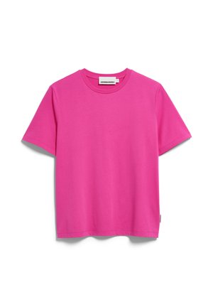 T-shirt rose à manches courtes en tissu de coton lisse. Présente un col rond et une étiquette cousue sur le côté. Sans motifs ni ornements.