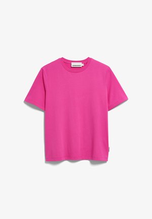 T-shirt rose à manches courtes en tissu de coton lisse. Présente un col rond et une étiquette cousue sur le côté. Sans motifs ni ornements.