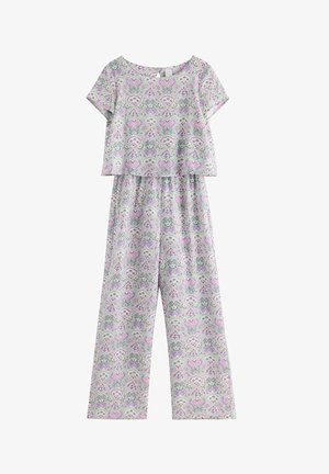 Lyhythihainen toppi ja leveälahkeiset housut, joissa vaaleanharmaalla taustalla pastellinvioletti, vihreä ja vaaleanpunainen kukkainen damaskikuvio.