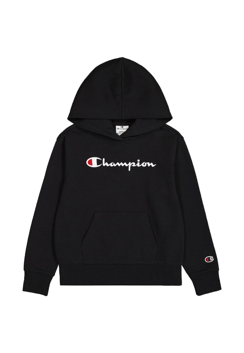 Sudadera negra de mezcla de algodón con un bolsillo frontal. Presenta el logotipo en blanco de "Champion" y un pequeño emblema rojo/blanco en la manga.