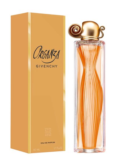 Givenchy Organza Eau de Parfum, 50 ml: Klar glasflaska med en vågig design, orange vätska, guldsnurrad kapsyl och en orange låda med logotyp.