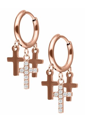 Rose gold hoop earrings featuring three hanging cross charms, two solid and one embellished with clear rhinestones.