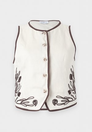Αμάνικο εκρού γιλέκο με καφέ περιθώριο, κουμπιά μπροστά και σκούρα καφέ κεντήματα με λουλούδια κοντά στο κάτω μέρος και από τις δύο πλευρές.