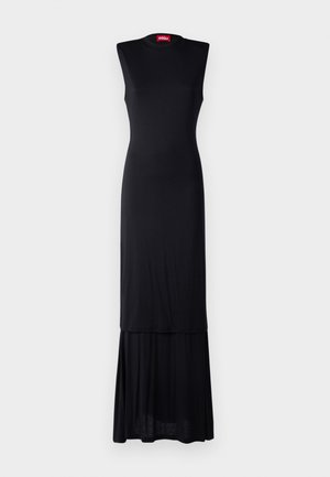 Black sleeveless maxi dress with a fitted bodice, flared lower half, and a round neckline. Made from soft, stretchy fabric. Red brand tag visible.
