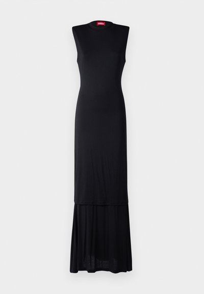 Black sleeveless maxi dress with a fitted bodice, flared lower half, and a round neckline. Made from soft, stretchy fabric. Red brand tag visible.