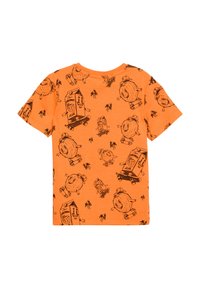 Oranges Baumwoll-T-Shirt mit einem schwarzen Cartoon-Druck von Kokosnussfiguren und Palmen. Kurze Ärmel, Rundhalsausschnitt.