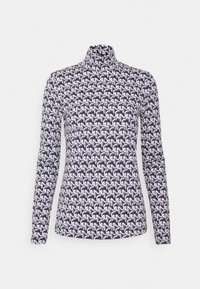 Langärmliges Rollkragenoberteil in einem schwarz-weißen geometrischen Muster, das eine enganliegende Passform und einen glatten, dehnbaren Stoff aufweist.