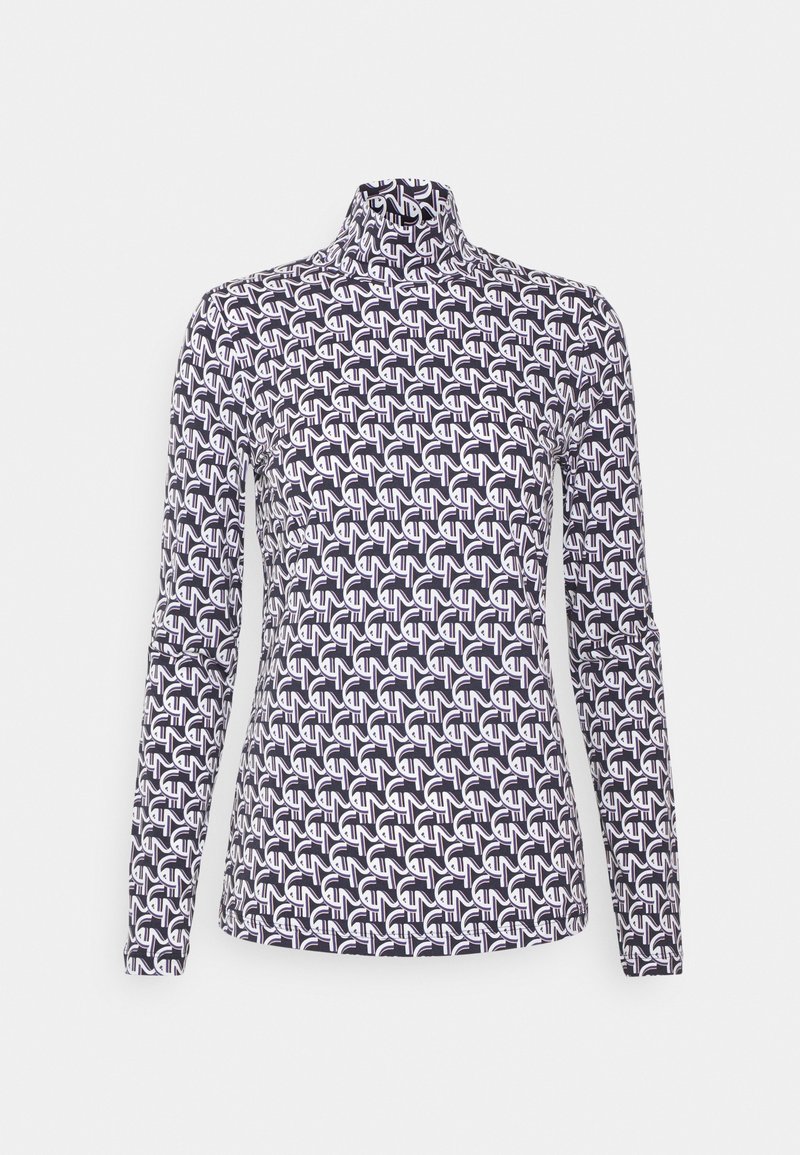 Langärmliges Rollkragenoberteil in einem schwarz-weißen geometrischen Muster, das eine enganliegende Passform und einen glatten, dehnbaren Stoff aufweist.