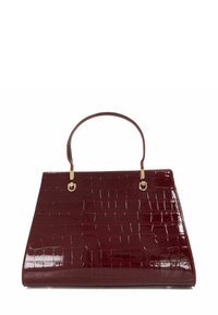 Crocodile-textured burgundy handbag with a glossy finish, featuring a single handle and gold-tone hardware details.