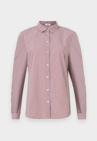 Koszula na guziki w czerwono-białe paski z kołnierzykiem, długimi rękawami i prostym dołem. Tkanina wygląda na gładką z lekkim połyskiem.