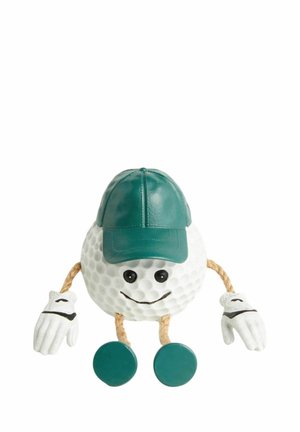 Golfball-Charakter mit grüner Kappe, lächelndem Gesicht, Seilarmen mit weißen Handschuhen und runden grünen Füßen auf weißem Hintergrund.