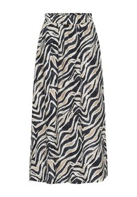 Højtaljet midiskirt med sort, hvidt og beige zebra stribemønster og lette pliser ved taljen.