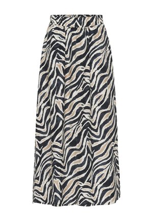 Hoge taille midi rok met een zwart, witte en beige dierenprint en lichte plooien bij de tailleband.
