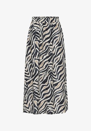 Hoge taille midi rok met een zwart, witte en beige dierenprint en lichte plooien bij de tailleband.