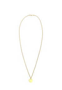 Goldfarbene Halskette mit einer feinen Kette und einem runden Anhänger. Die Kette verfügt über einen Verschluss und der Anhänger hat eine glatte, glänzende Oberfläche.