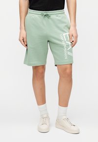 Mentolovo zelené šortky s elastickým pásom a šnúrkou na stiahnutie. Na ľavej nohe je biely potlač loga. Mäkký bavlnený materiál.