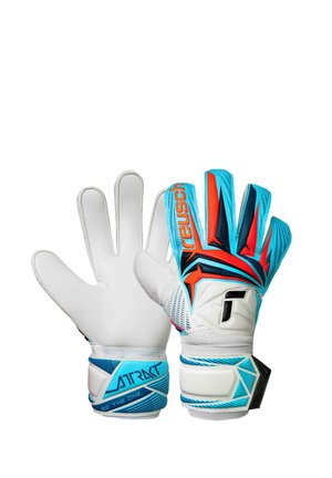 Goalkeeper gloves with white palms, blue, orange, and black patterned backs, and wrist straps labeled "ATRAKT" and "BE THE ONE."
