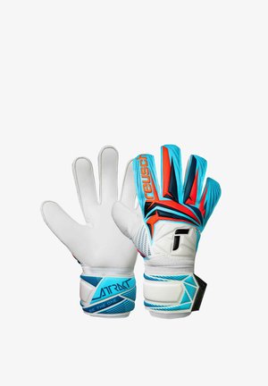 Torwarthandschuhe mit weißen Handflächen, Rückseiten in Blau, Orange und Schwarz mit Muster sowie Handgelenkriemen mit der Aufschrift "ATRAKT" und "BE THE ONE".