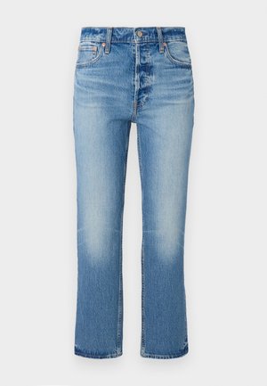 Lys blå denimjeans med rette ben, som har falming nær lårene, en knappelukking og standard fem-lomme stil.