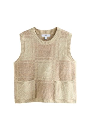 Beige ärmelloser Pullover mit kariertem Muster und zwei vorderen Taschen. Hergestellt aus weichem Wollmix mit Rippkragen und -saum.