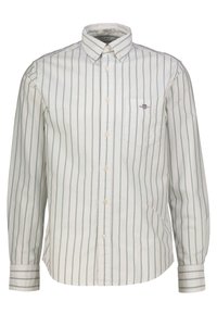 Witte button-up shirt met verticale groene strepen, lange mouwen en een enkele borstzak. Gemaakt van een gladde, lichte stof.