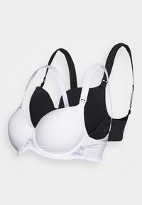 Dois soutiens: um branco com detalhes em renda e outro preto. Ambos possuem copas suaves, alças ajustáveis e um design sem costuras para conforto.