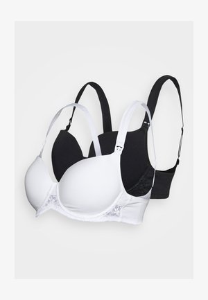 Deux soutiens-gorge : l'un blanc avec des détails en dentelle et l'autre noir. Les deux présentent des bonnets lisses, des bretelles réglables et un design sans couture pour le confort.