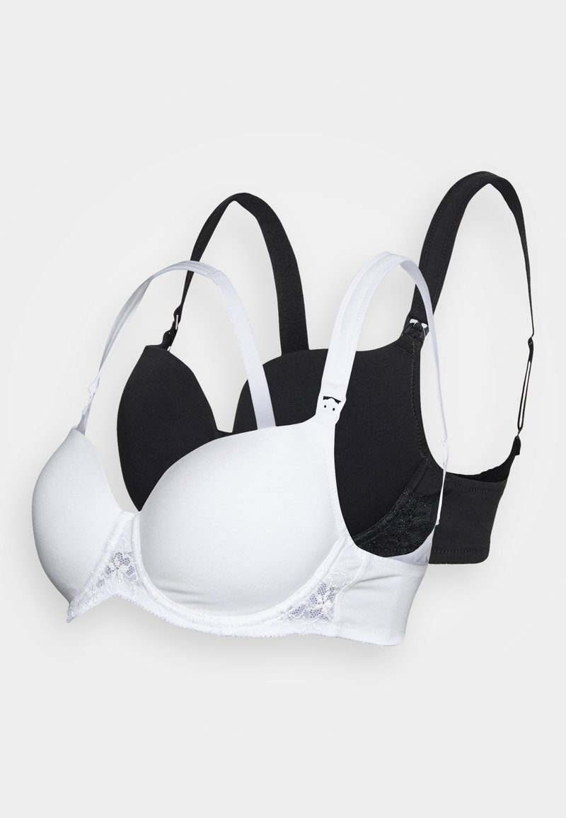 Dois soutiens: um branco com detalhes em renda e outro preto. Ambos possuem copas suaves, alças ajustáveis e um design sem costuras para conforto.
