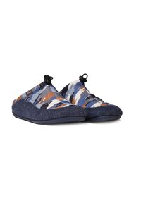 Blå och grå mönstrade slip-on skor med en texturerad ylleöverdel och gummisula. Har justerbara band för en säker passform.