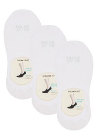 Hvite bomullssokker til sneakers med flat strikketekstur. Inkluderer antiskli-systemetiketter som viser tilpasning for høye, mellomstore og lave snitt.