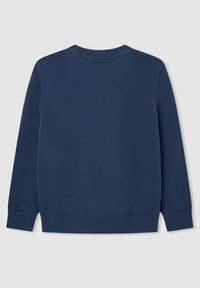 Námořnická modrá mikina, směs bavlny, kulatý výstřih, dlouhé rukávy, žebrované manžety a spodní lem, hladká textura, žádné viditelné grafiky nebo vzory.