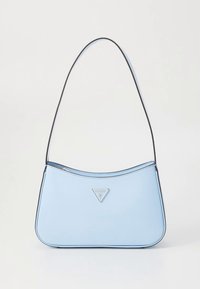 Light blue synthetic handbag with a curved silhouette, black trim, and a triangular silver logo on the front. Adjustable shoulder strap.