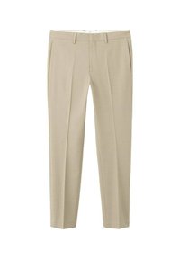 Pantalones beige a medida con un diseño de pierna recta, que cuentan con bolsillos laterales, una textura suave y pliegues sutiles en la parte frontal.