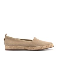 Beige suede slip-on shoe with a braided jute sole, a rounded toe, and a small heel. Features a loop at the back for easy wearing.